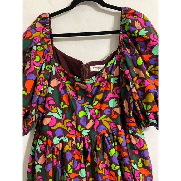 IMPRESSIONS Plus Size Babydoll Printed Colorful Puff Sleeve Brown Dress size 3X - Picture 5 of 15